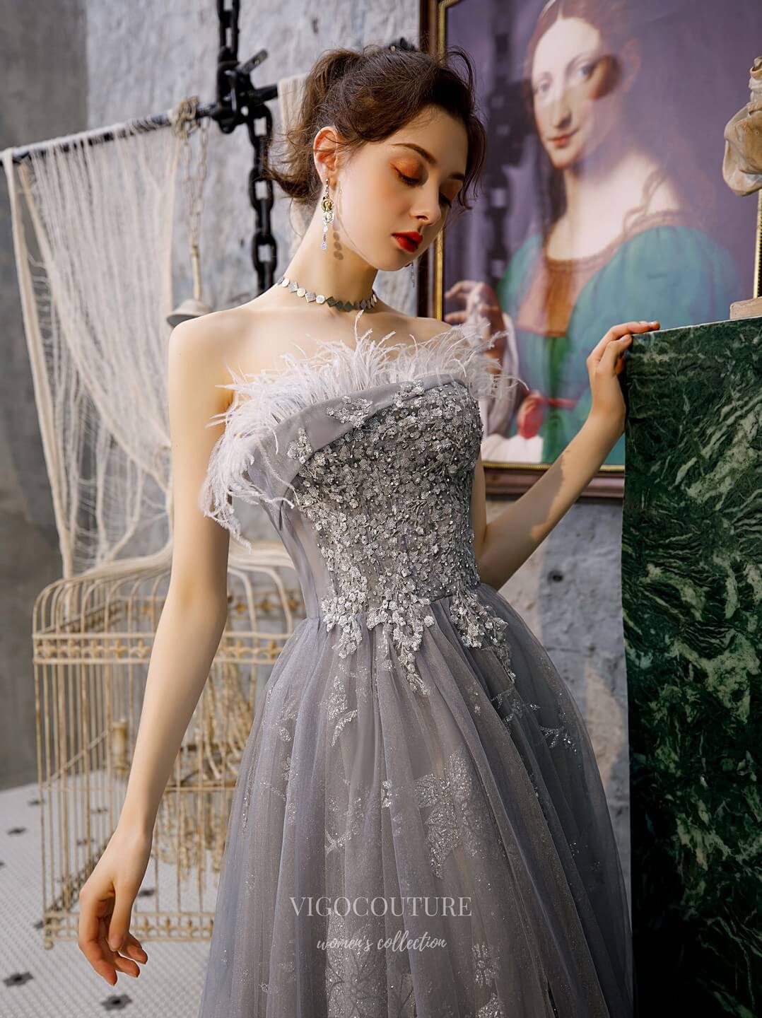 grey strapless prom dress Glitter Strapless Gray Long Prom Dress
