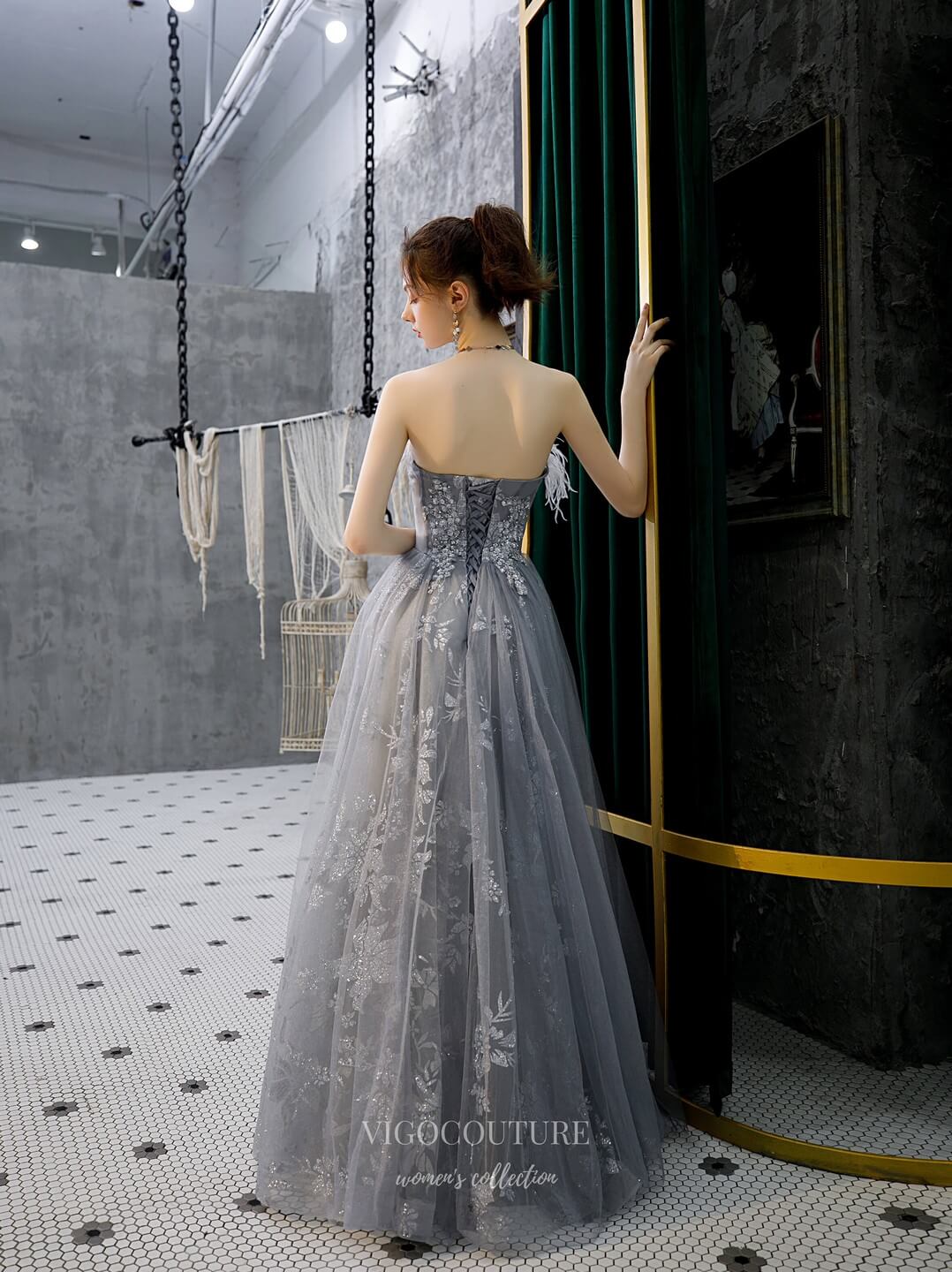 Prom Dress 2025 Strapless Beaded Prom Dress 20213-unique elegant Prom Dresses-Grey-US2-vigocouture