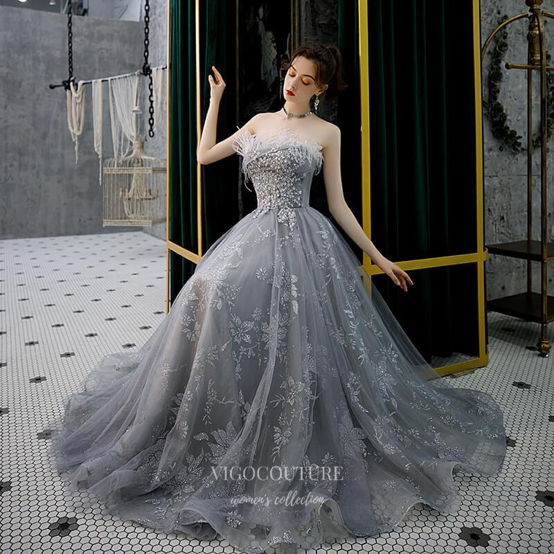 grey prom dresses 2021 Charming Grey Prom Dresses 2021 A-Line / Princess Strapless Bow Lace Flower Sleeveless Backless Sweep Train