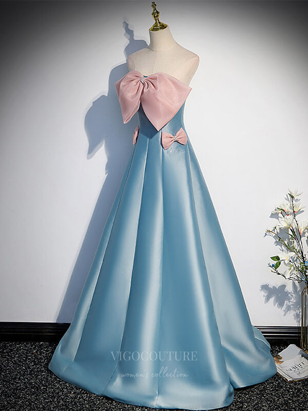 Prom Dress 2025 Strapless Blue Satin With Bow Prom Dress 20863-unique elegant Prom Dresses-Blue-Custom Size-vigocouture