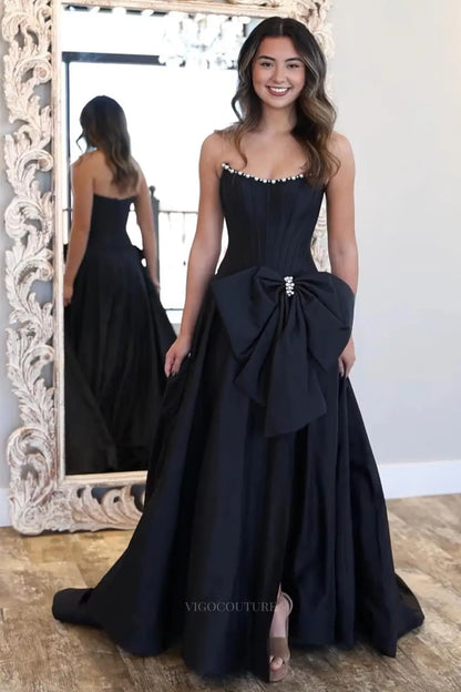 Prom Dresses 2025 to impress Strapless Bow Prom Dress with Pearl Trim, Corset Bodice & High Slit – 26110-vigocouture-Black-US 0-vigocouture
