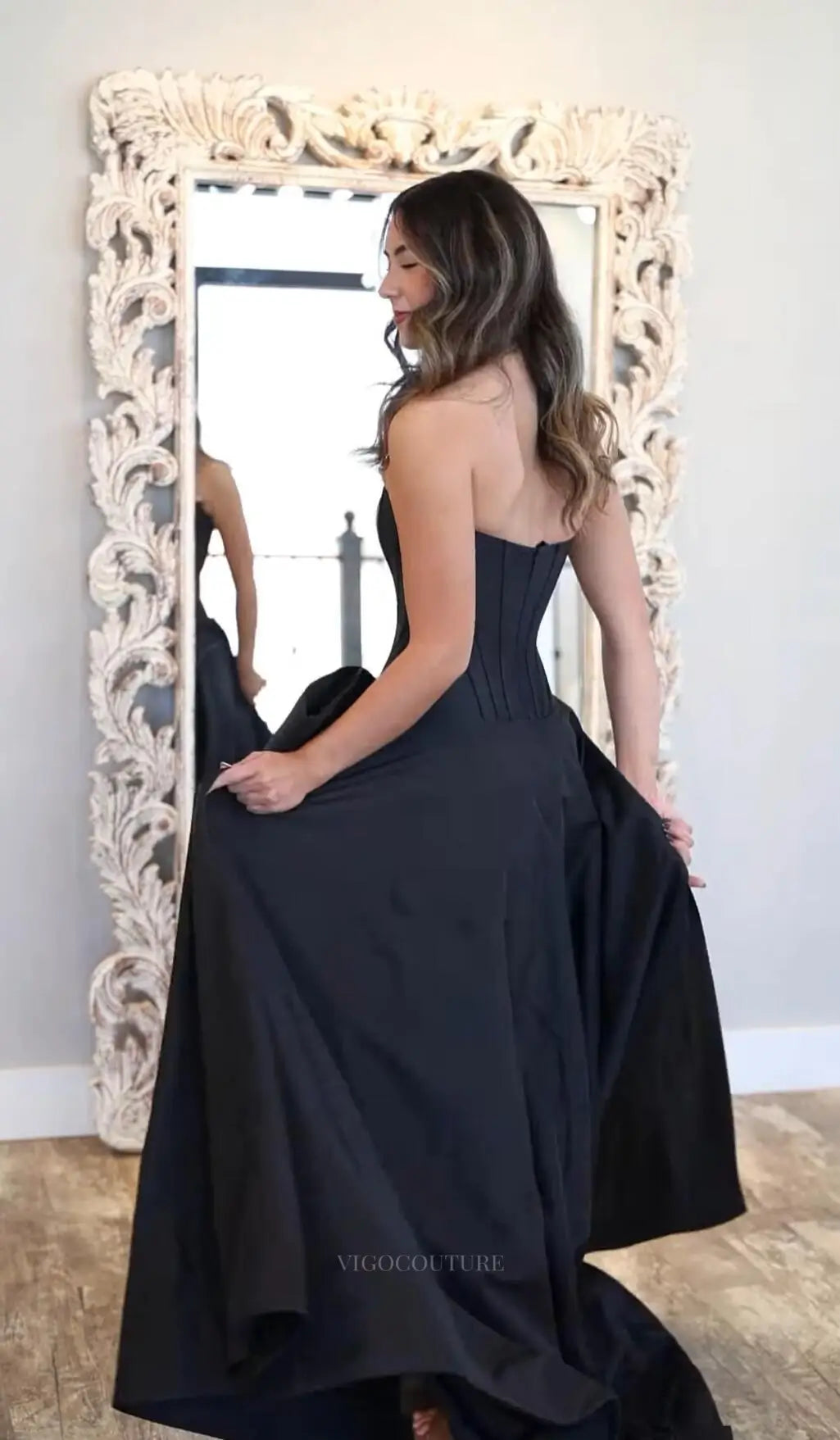 Prom Dresses 2025 to impress Strapless Bow Prom Dress with Pearl Trim, Corset Bodice & High Slit – 26110-vigocouture-vigocouture