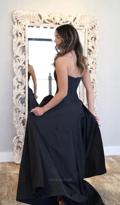 Prom Dresses 2025 to impress Strapless Bow Prom Dress with Pearl Trim, Corset Bodice & High Slit – 26110-vigocouture-vigocouture