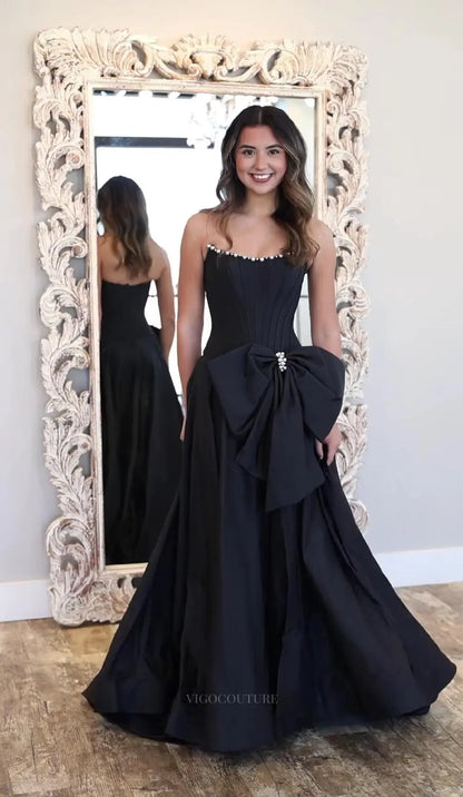 Prom Dresses 2025 to impress Strapless Bow Prom Dress with Pearl Trim, Corset Bodice & High Slit – 26110-vigocouture-vigocouture
