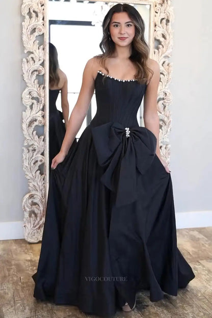 Prom Dresses 2025 to impress Strapless Bow Prom Dress with Pearl Trim, Corset Bodice & High Slit – 26110-vigocouture-vigocouture