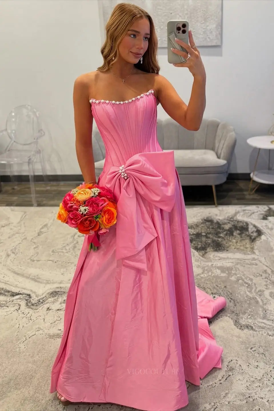 Prom Dresses 2025 to impress Strapless Bow Prom Dress with Pearl Trim, Corset Bodice & High Slit – 26110-vigocouture-vigocouture