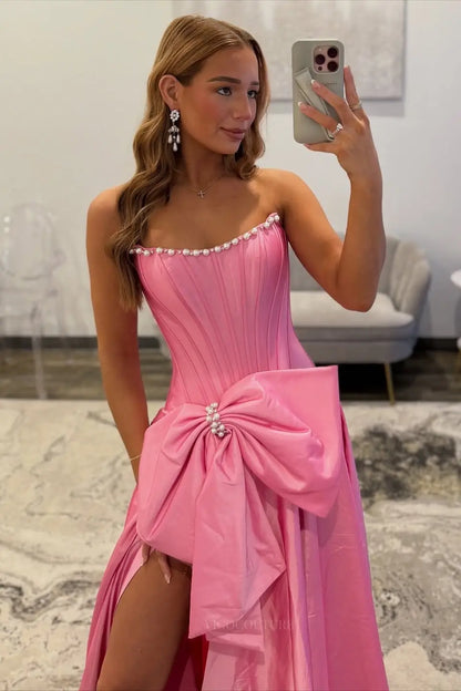 Prom Dresses 2025 to impress Strapless Bow Prom Dress with Pearl Trim, Corset Bodice & High Slit – 26110-vigocouture-vigocouture