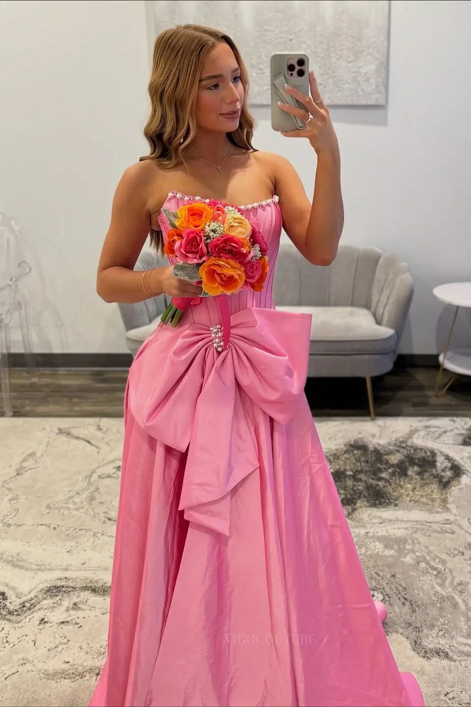 Prom Dresses 2025 to impress Strapless Bow Prom Dress with Pearl Trim, Corset Bodice & High Slit – 26110-vigocouture-vigocouture