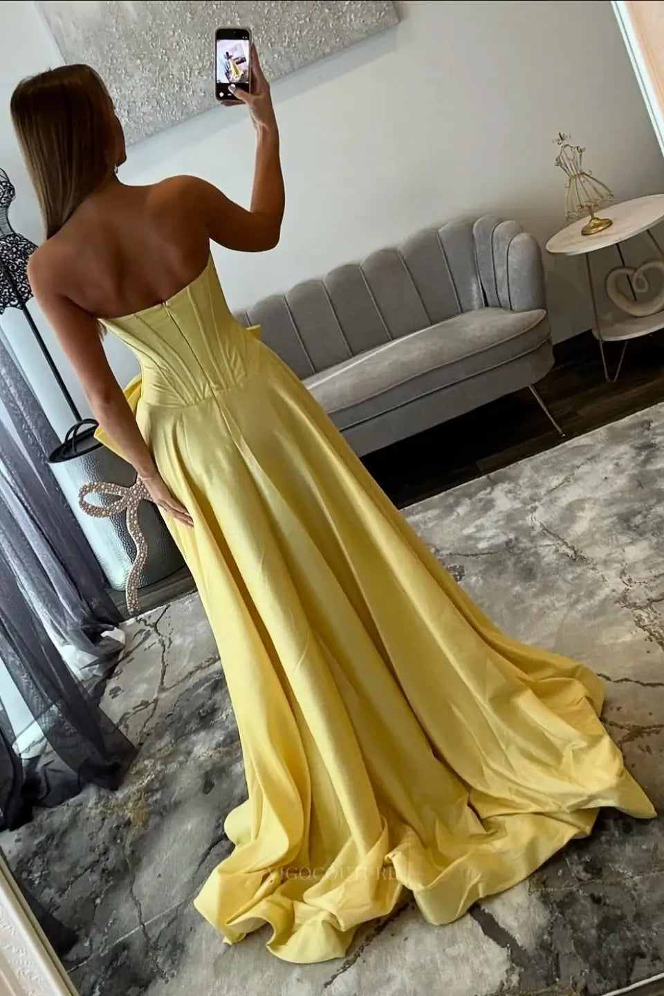 Prom Dresses 2025 to impress Strapless Bow Prom Dress with Pearl Trim, Corset Bodice & High Slit – 26110-vigocouture-vigocouture