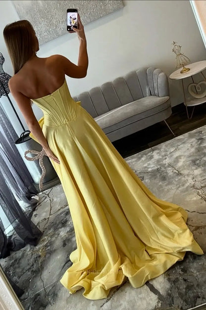 Prom Dresses 2025 to impress Strapless Bow Prom Dress with Pearl Trim, Corset Bodice & High Slit – 26110-vigocouture-vigocouture