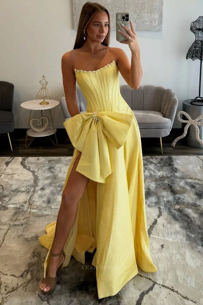 Prom Dresses 2025 to impress Strapless Bow Prom Dress with Pearl Trim, Corset Bodice & High Slit – 26110-vigocouture-vigocouture