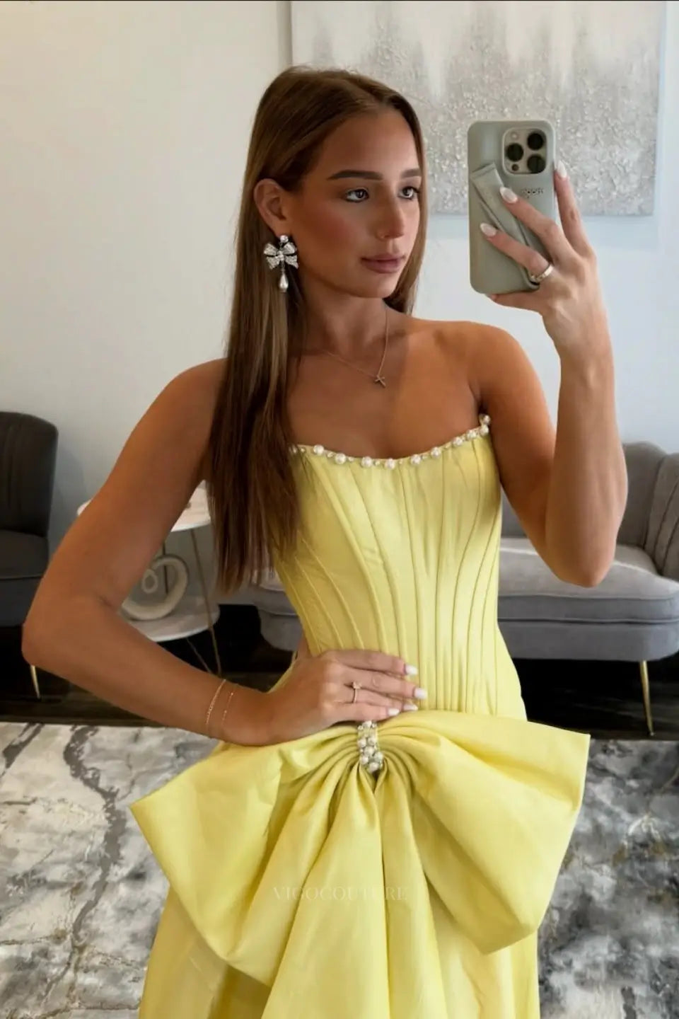Prom Dresses 2025 to impress Strapless Bow Prom Dress with Pearl Trim, Corset Bodice & High Slit – 26110-vigocouture-vigocouture
