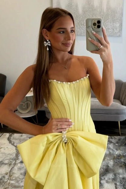 Prom Dresses 2025 to impress Strapless Bow Prom Dress with Pearl Trim, Corset Bodice & High Slit – 26110-vigocouture-vigocouture