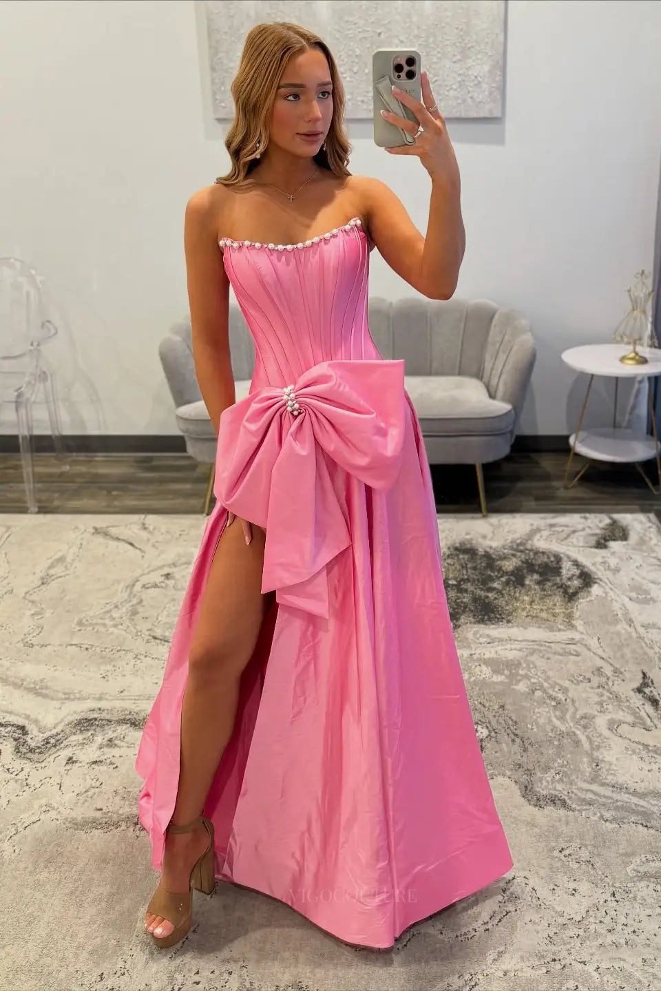 Prom Dresses 2025 to impress Strapless Bow Prom Dress with Pearl Trim, Corset Bodice & High Slit – 26110-vigocouture-Pink-US 0-vigocouture