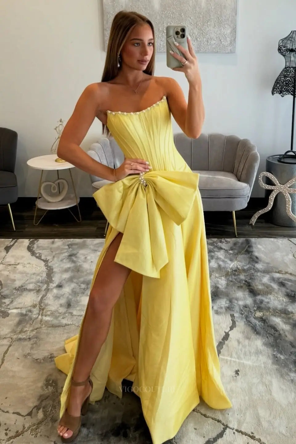Prom Dresses 2025 to impress Strapless Bow Prom Dress with Pearl Trim, Corset Bodice & High Slit – 26110-vigocouture-Yellow-US 0-vigocouture