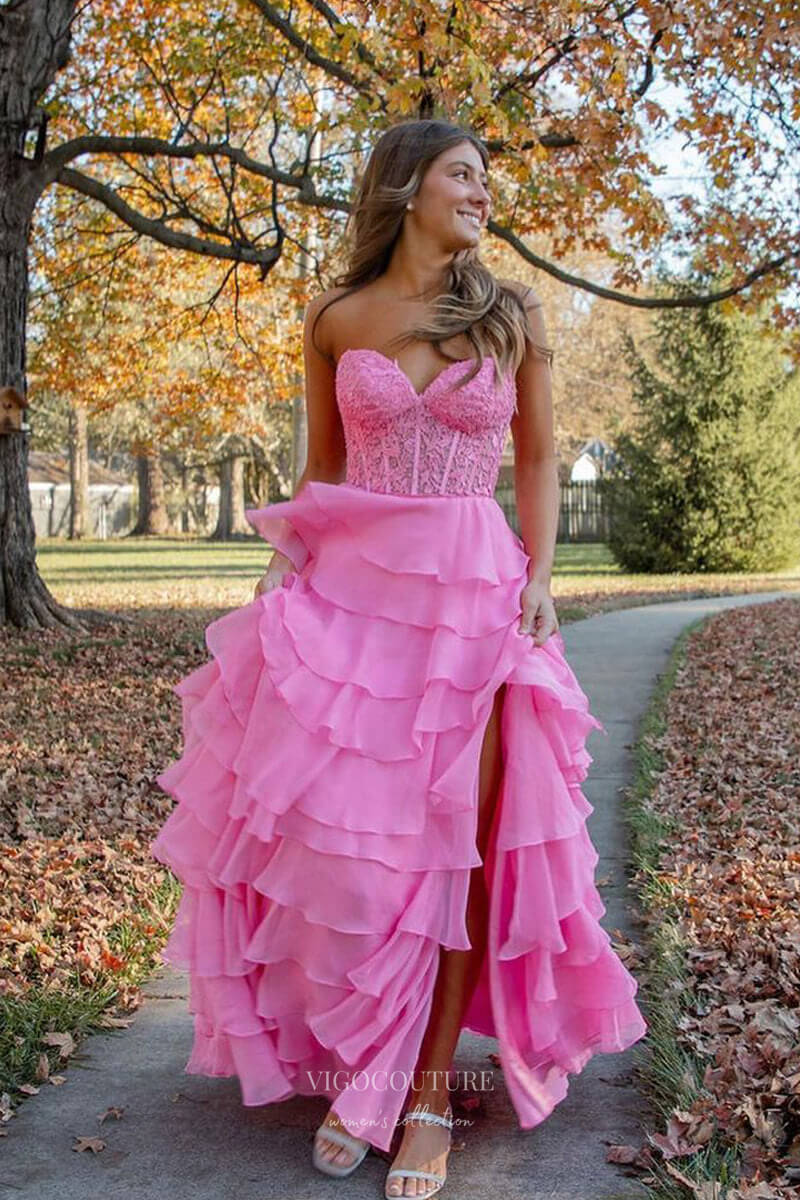 Prom Dress 2025 Strapless Chiffon Ruffle Prom Dresses with Slit Lace Applique Formal Dress 24119-unique elegant Prom Dresses-Hot Pink-Custom Size-vigocouture