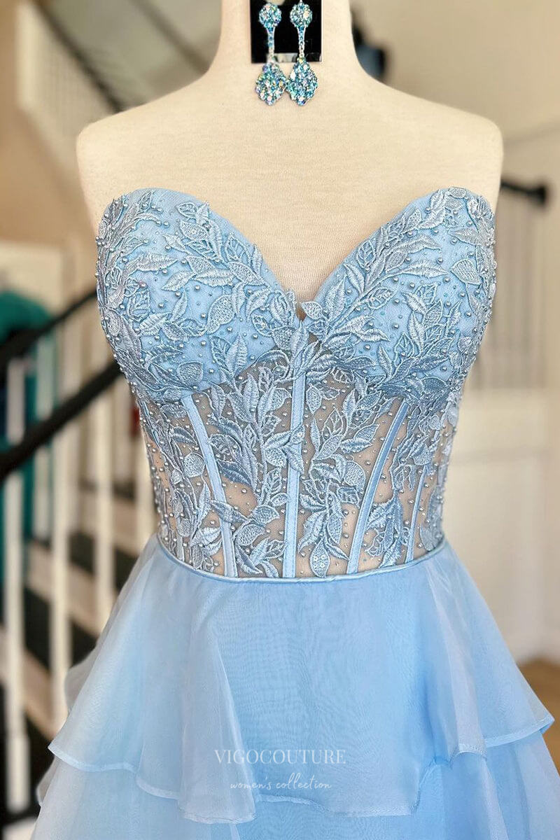 Prom Dress 2025 Strapless Chiffon Ruffle Prom Dresses with Slit Lace Applique Formal Dress 24119-unique elegant Prom Dresses-Light Blue-Custom Size-vigocouture