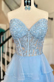 Prom Dress 2025 Strapless Chiffon Ruffle Prom Dresses with Slit Lace Applique Formal Dress 24119-unique elegant Prom Dresses-Light Blue-Custom Size-vigocouture