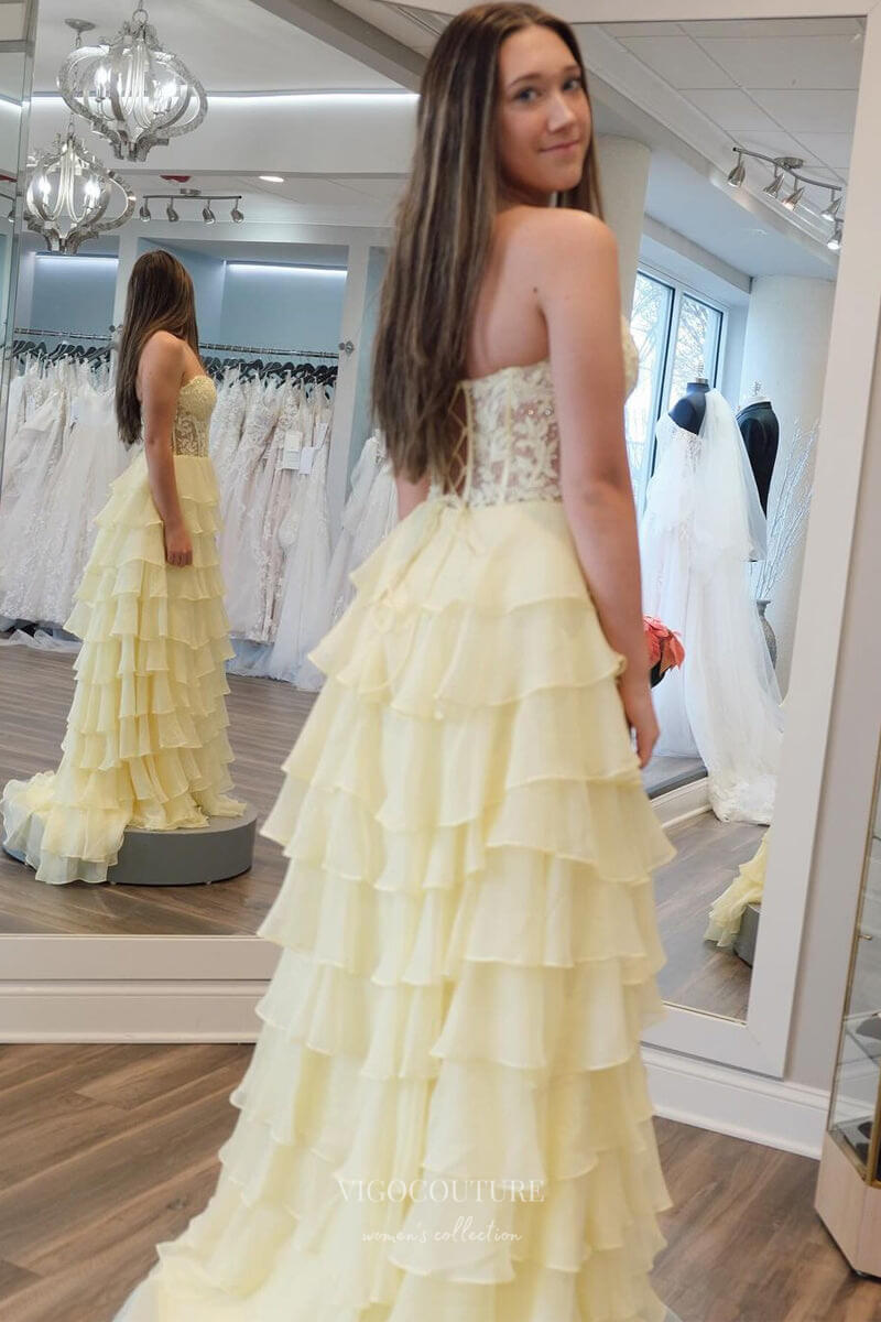 Strapless Chiffon Ruffle Prom Dresses with Slit Lace Applique Formal D vigocouture Strapless Chiffon Ruffle Prom Dresses with Slit Lace Applique Formal D vigocouture
