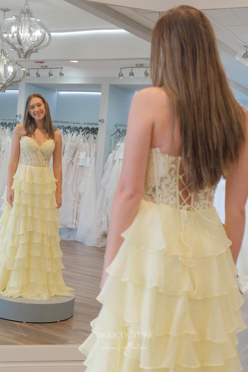 Prom Dress 2025 Strapless Chiffon Ruffle Prom Dresses with Slit Lace Applique Formal Dress 24119-unique elegant Prom Dresses-Yellow-Custom Size-vigocouture