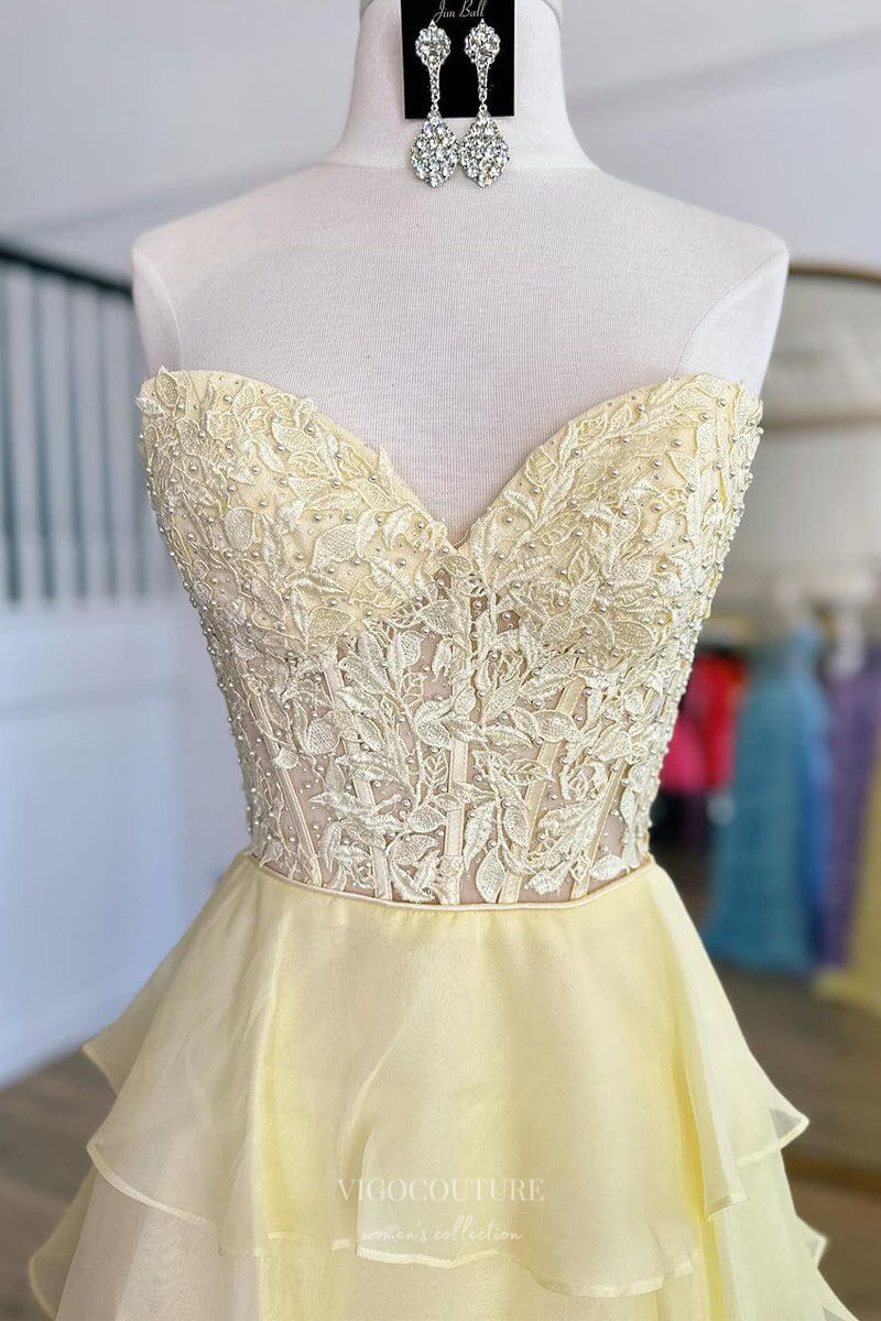 Strapless Chiffon Ruffle Prom Dresses with Slit Lace Applique Formal D vigocouture Strapless Chiffon Ruffle Prom Dresses with Slit Lace Applique Formal D vigocouture