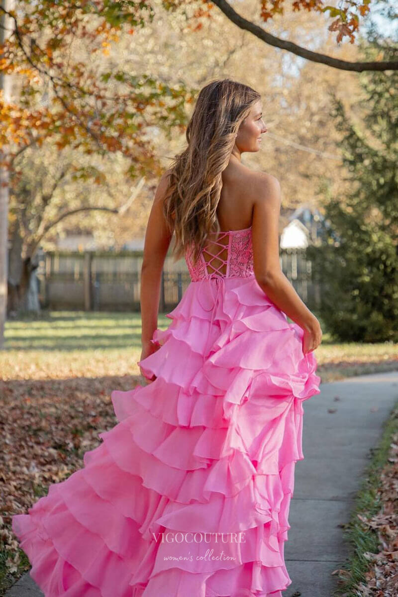 Prom Dress 2025 Strapless Chiffon Ruffle Prom Dresses with Slit Lace Applique Formal Dress 24119-unique elegant Prom Dresses-Yellow-Custom Size-vigocouture