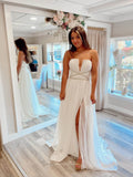 Prom Dress 2025 Strapless Chiffon Sheath Prom Dresses with Slit Pleated Bodice Beaded Waist 24123-unique elegant Prom Dresses-Ivory-Custom Size-vigocouture