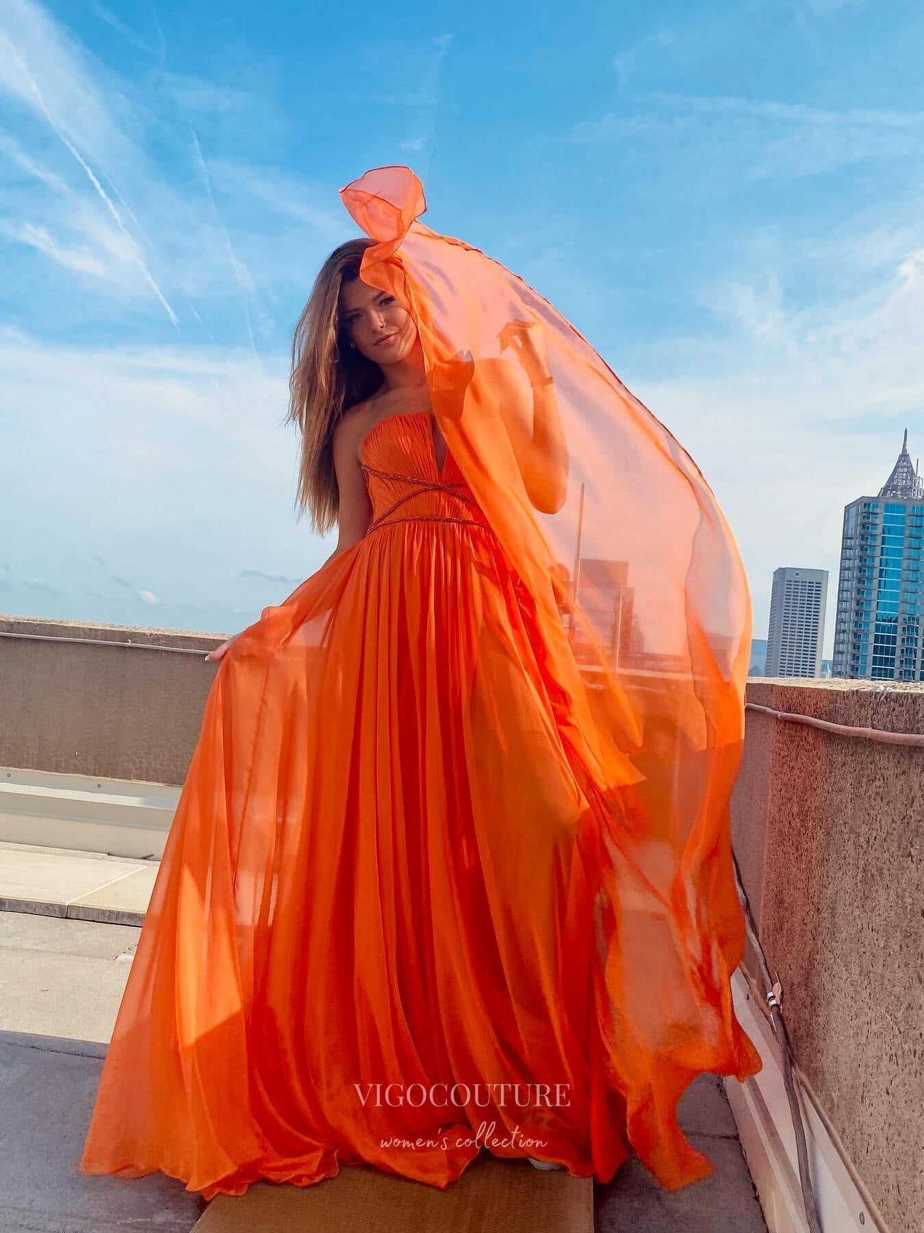 Strapless Chiffon Sheath Prom Dresses with Slit Pleated Bodice Beaded vigocouture Strapless Chiffon Sheath Prom Dresses with Slit Pleated Bodice Beaded vigocouture