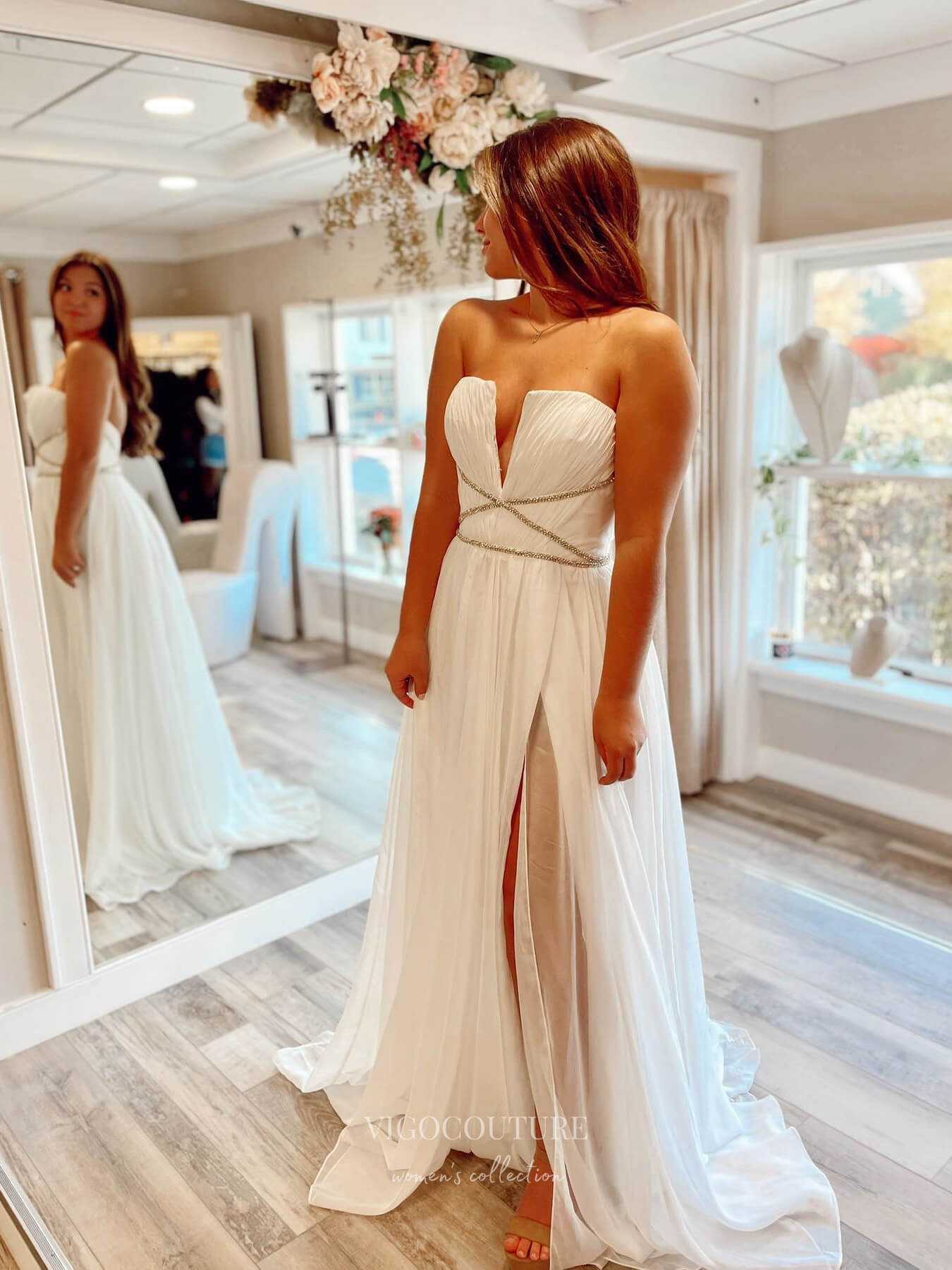 Strapless Chiffon Sheath Prom Dresses with Slit Pleated Bodice Beaded vigocouture Strapless Chiffon Sheath Prom Dresses with Slit Pleated Bodice Beaded vigocouture