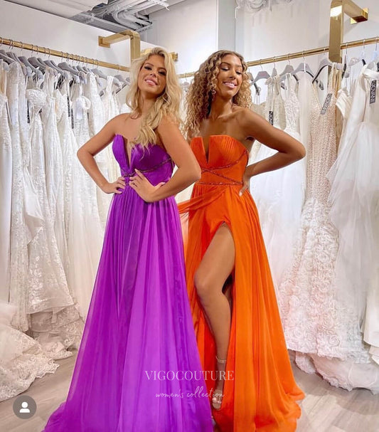 Prom Dress 2025 Strapless Chiffon Sheath Prom Dresses with Slit Pleated Bodice Beaded Waist 24123-unique elegant Prom Dresses-Purple-Custom Size-vigocouture