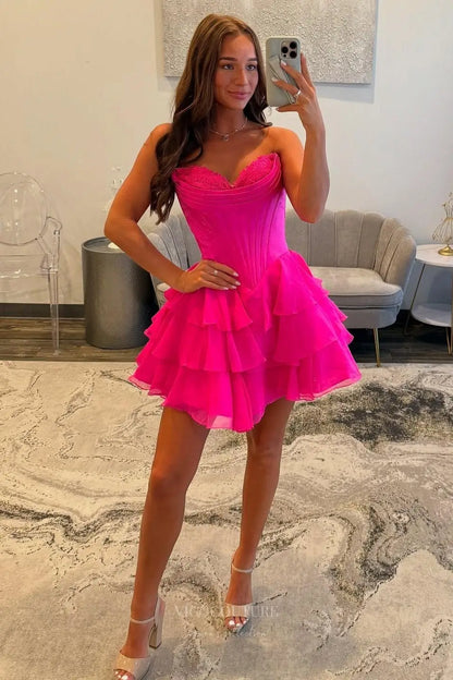 Prom Dresses 2025 to impress Strapless Corset Homecoming Dress with Lace Bustier and Tiered Ruffle Skirt – HC503-vigocouture-Hot Pink-Custom Size-vigocouture