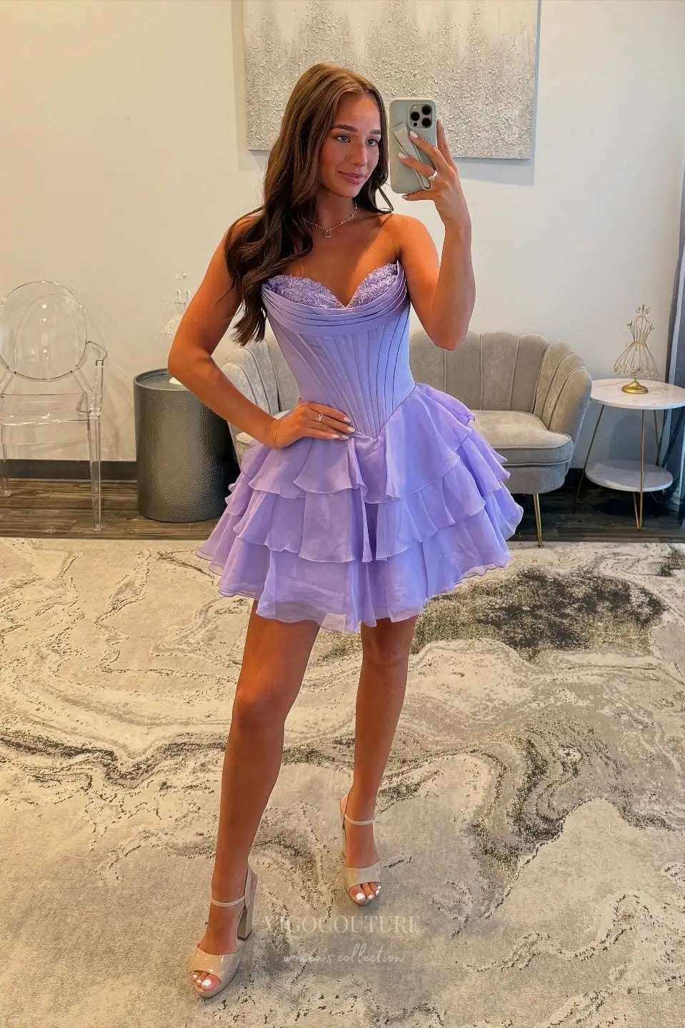 Prom Dresses 2025 to impress Strapless Corset Homecoming Dress with Lace Bustier and Tiered Ruffle Skirt – HC503-vigocouture-Lavender-Custom Size-vigocouture
