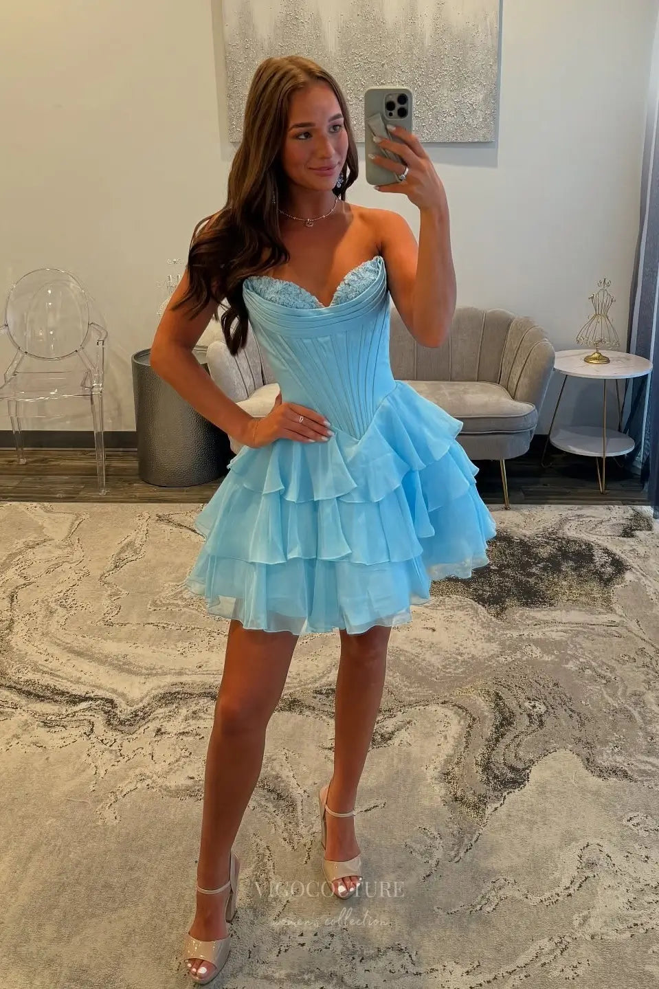 Prom Dresses 2025 to impress Strapless Corset Homecoming Dress with Lace Bustier and Tiered Ruffle Skirt – HC503-vigocouture-Light Blue-Custom Size-vigocouture