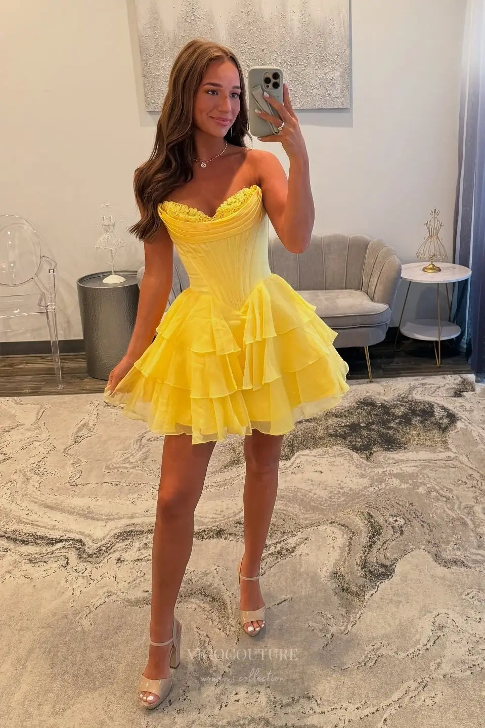Prom Dresses 2025 to impress Strapless Corset Homecoming Dress with Lace Bustier and Tiered Ruffle Skirt – HC503-vigocouture-Yellow-Custom Size-vigocouture