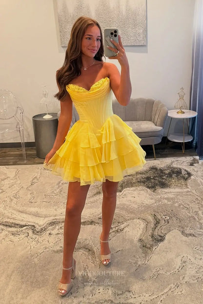 Prom Dresses 2025 to impress Strapless Corset Homecoming Dress with Lace Bustier and Tiered Ruffle Skirt – HC503-vigocouture-Yellow-Custom Size-vigocouture