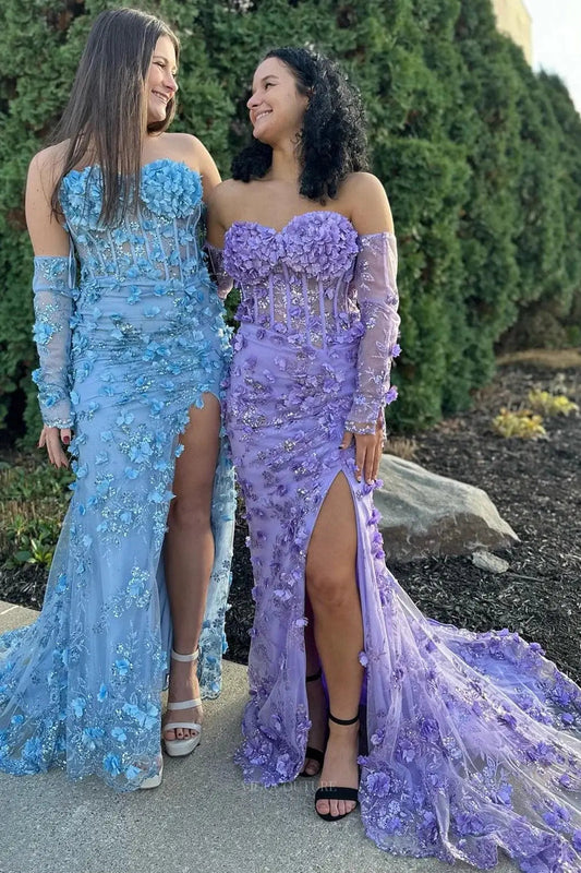 Prom Dresses 2025 to impress Strapless Floral Lace Mermaid Prom Dresses 2025 with Slit & Removable Sleeves – 25105-vigocouture-vigocouture