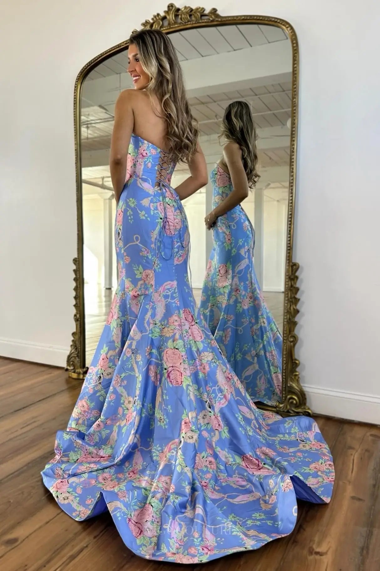 Prom Dresses 2025 to impress Strapless Floral Satin Mermaid Prom Dress with Lace-Up Back & Sweep Train – 26163-vigocouture-vigocouture