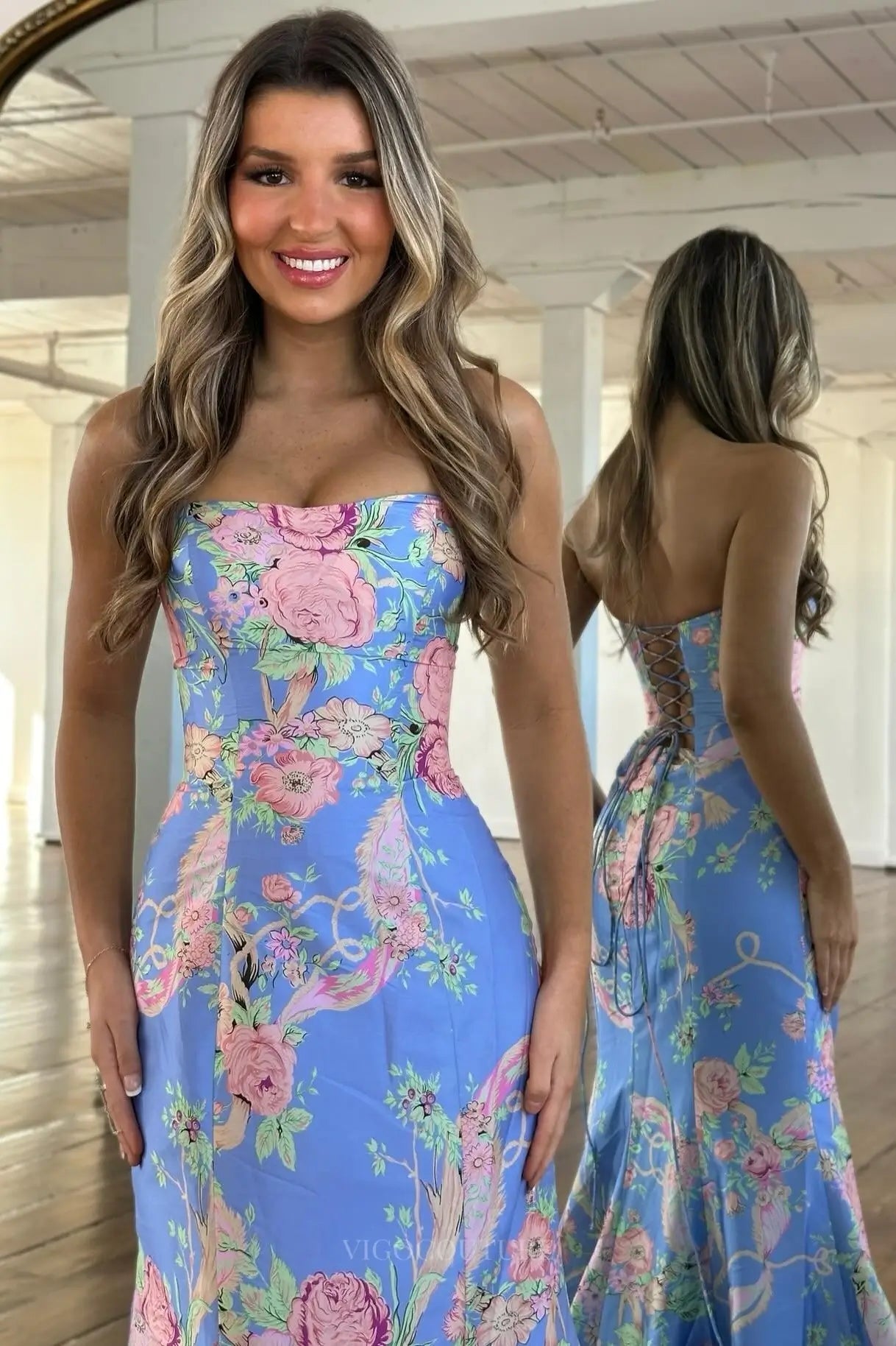 Prom Dresses 2025 to impress Strapless Floral Satin Mermaid Prom Dress with Lace-Up Back & Sweep Train – 26163-vigocouture-vigocouture