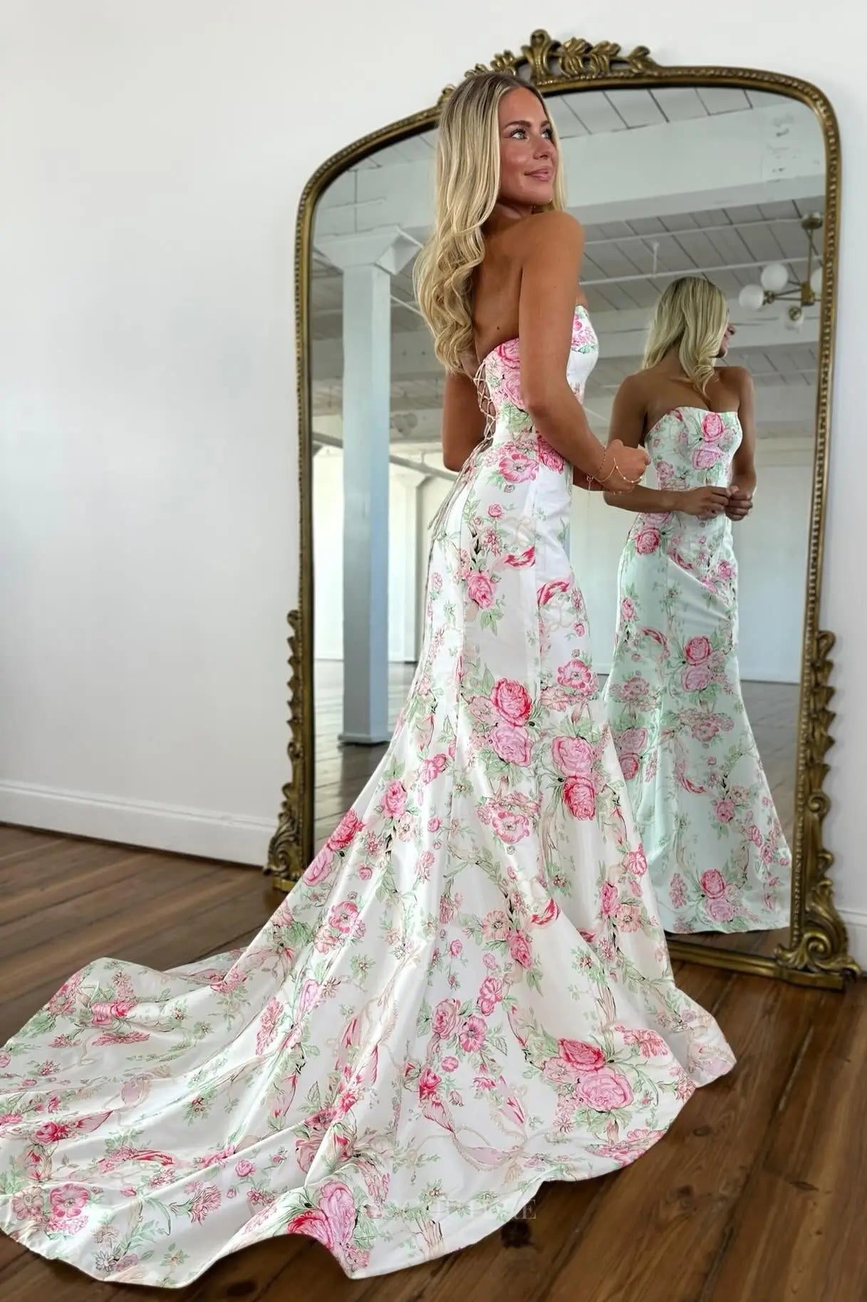 Floral Satin Mermaid Prom Dress with Lace-Up Back – 26163 – vigocouture