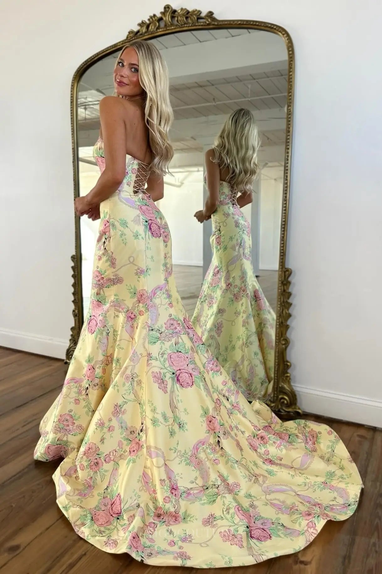 Prom Dresses 2025 to impress Strapless Floral Satin Mermaid Prom Dress with Lace-Up Back & Sweep Train – 26163-vigocouture-vigocouture