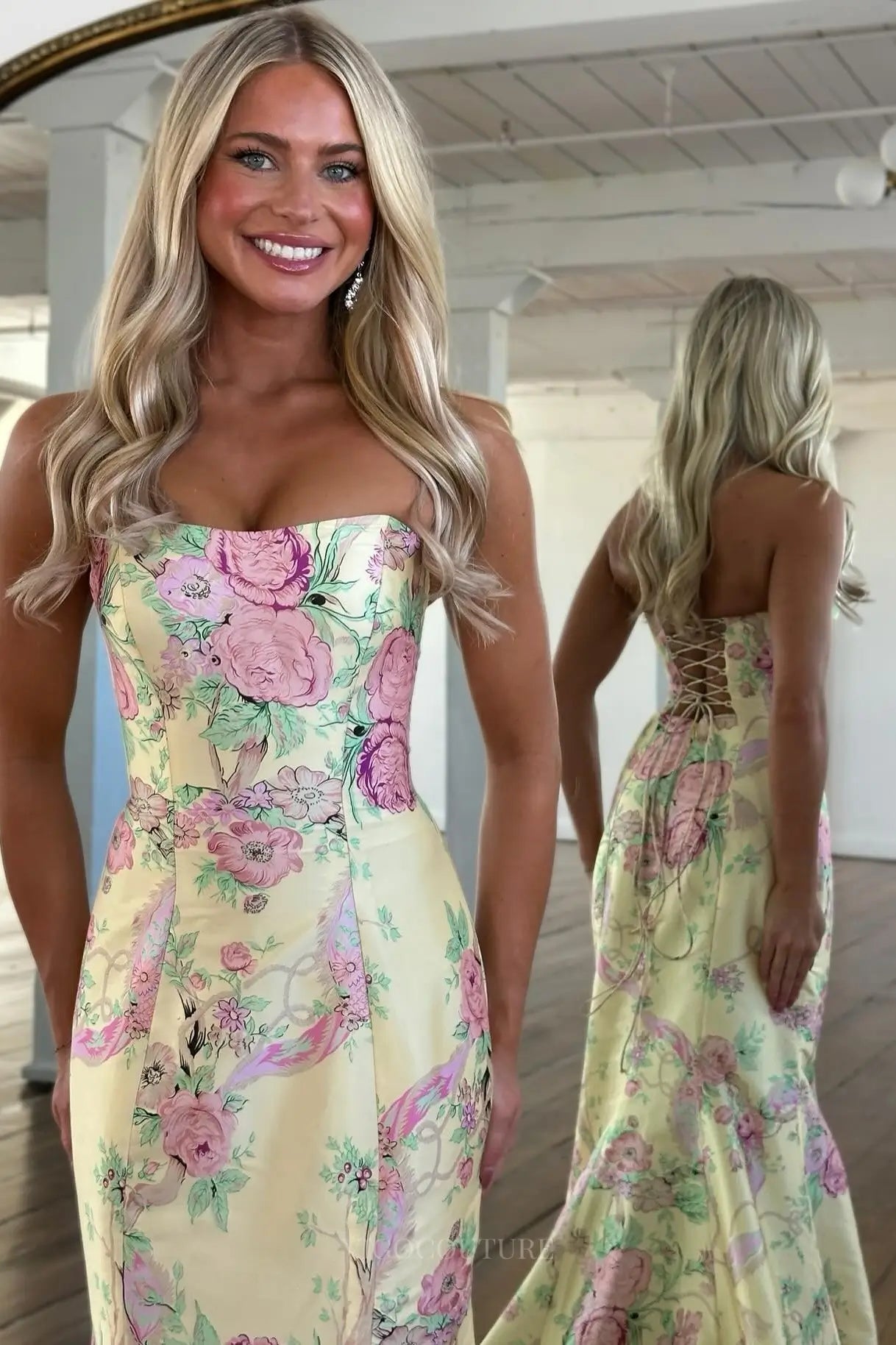 Prom Dresses 2025 to impress Strapless Floral Satin Mermaid Prom Dress with Lace-Up Back & Sweep Train – 26163-vigocouture-vigocouture