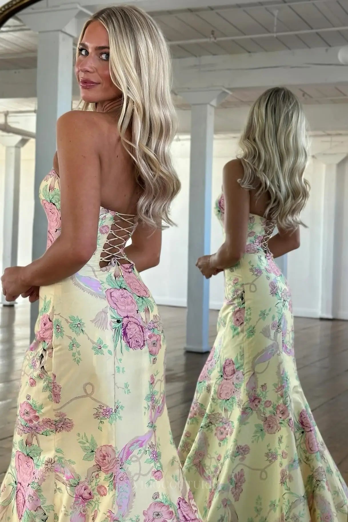Prom Dresses 2025 to impress Strapless Floral Satin Mermaid Prom Dress with Lace-Up Back & Sweep Train – 26163-vigocouture-vigocouture