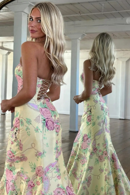 Prom Dresses 2025 to impress Strapless Floral Satin Mermaid Prom Dress with Lace-Up Back & Sweep Train – 26163-vigocouture-vigocouture
