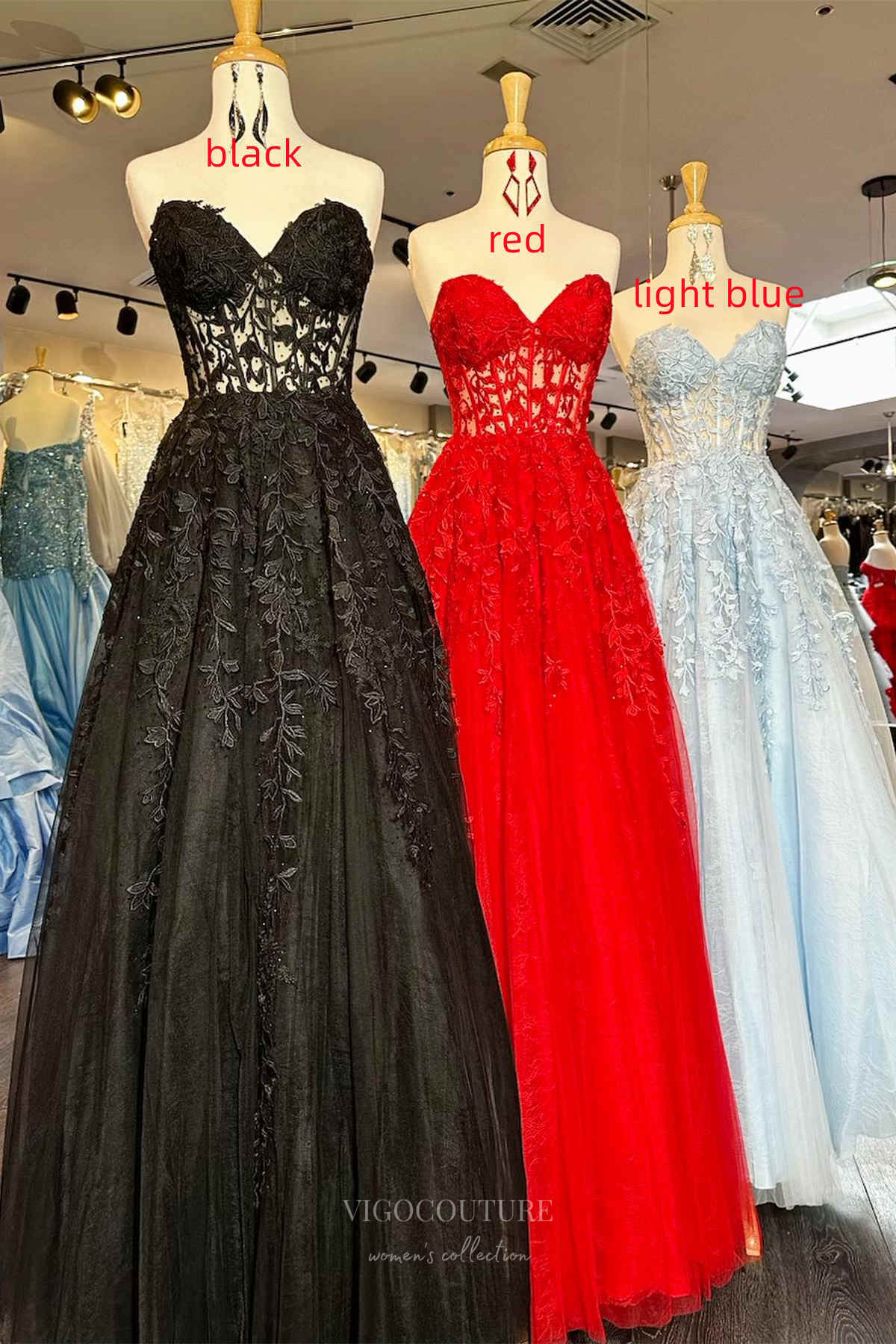 Prom Dress 2025 Strapless Lace Applique Cheap Prom Dresses 2024 Sheer Boned Bodice 24299-unique elegant Prom Dresses-Black-Custom Size-vigocouture