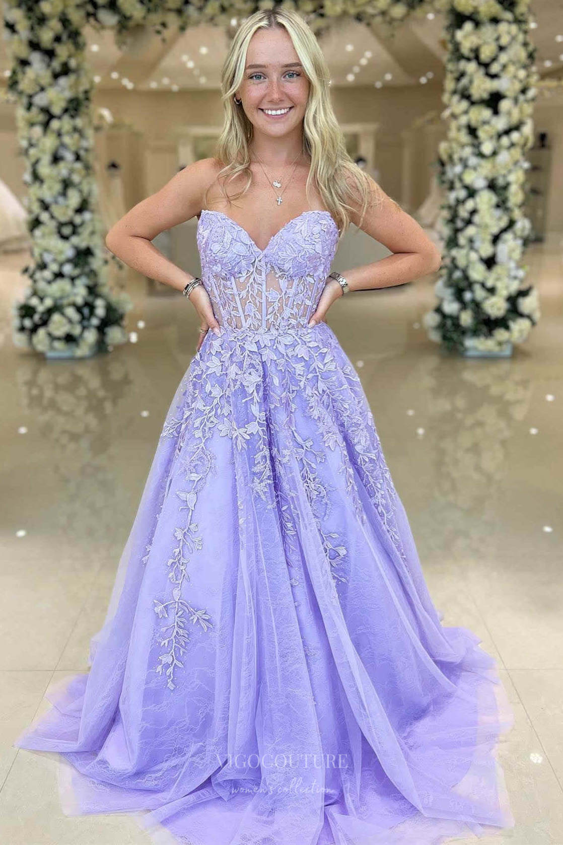 Prom Dress 2025 Strapless Lace Applique Cheap Prom Dresses 2024 Sheer Boned Bodice 24299-unique elegant Prom Dresses-Lavender-Custom Size-vigocouture