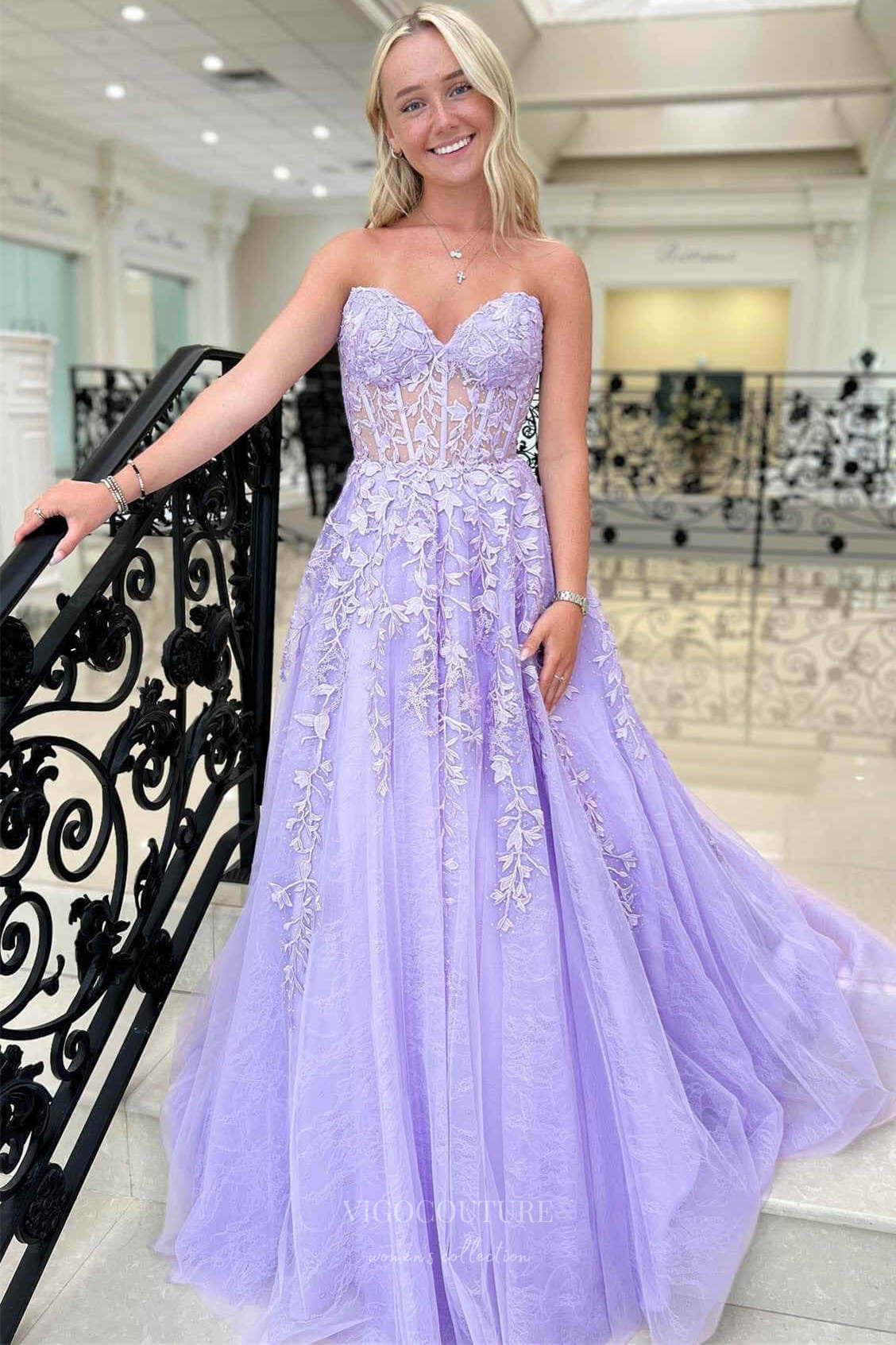 Prom Dress 2025 Strapless Lace Applique Cheap Prom Dresses 2024 Sheer Boned Bodice 24299-unique elegant Prom Dresses-Lavender-Custom Size-vigocouture