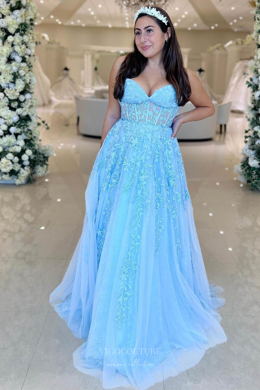 Prom Dress 2025 Strapless Lace Applique Cheap Prom Dresses 2024 Sheer Boned Bodice 24299-unique elegant Prom Dresses-Light Blue-Custom Size-vigocouture