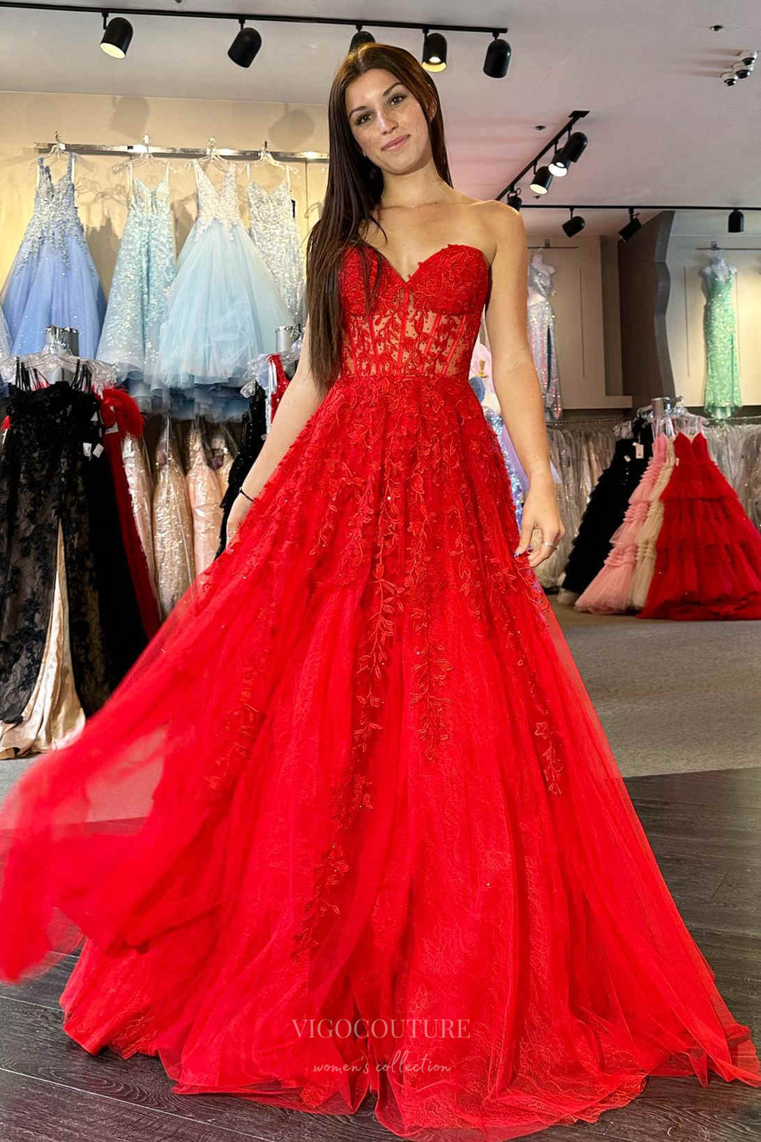 Strapless Lace Applique Cheap Prom Dresses 2024 Sheer Boned Bodice 242 vigocouture Strapless Lace Applique Cheap Prom Dresses 2024 Sheer Boned Bodice 242 vigocouture