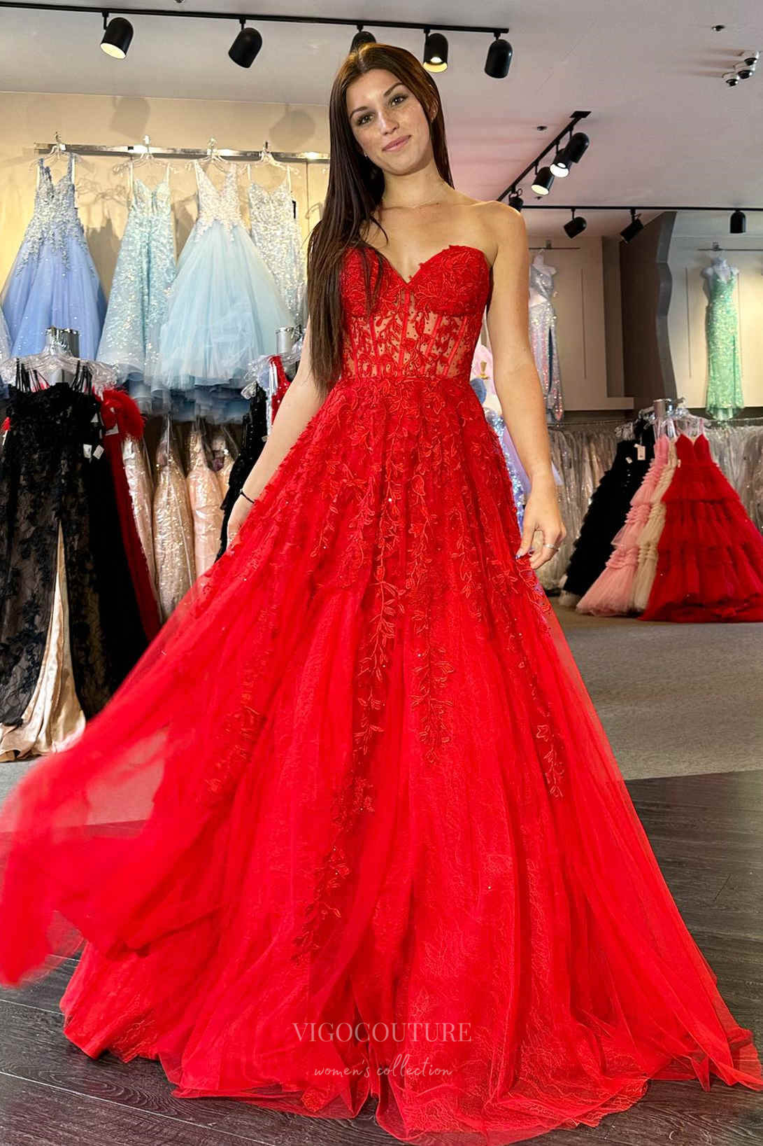 Prom Dress 2025 Strapless Lace Applique Cheap Prom Dresses 2024 Sheer Boned Bodice 24299-unique elegant Prom Dresses-Red-Custom Size-vigocouture