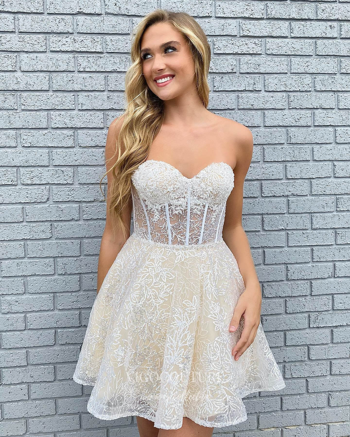 Short Prom Dresses 2025 Strapless Lace Applique Homecoming Dress with Removable Sleeve hc266-Prom Dresses-vigocouture-vigocouture